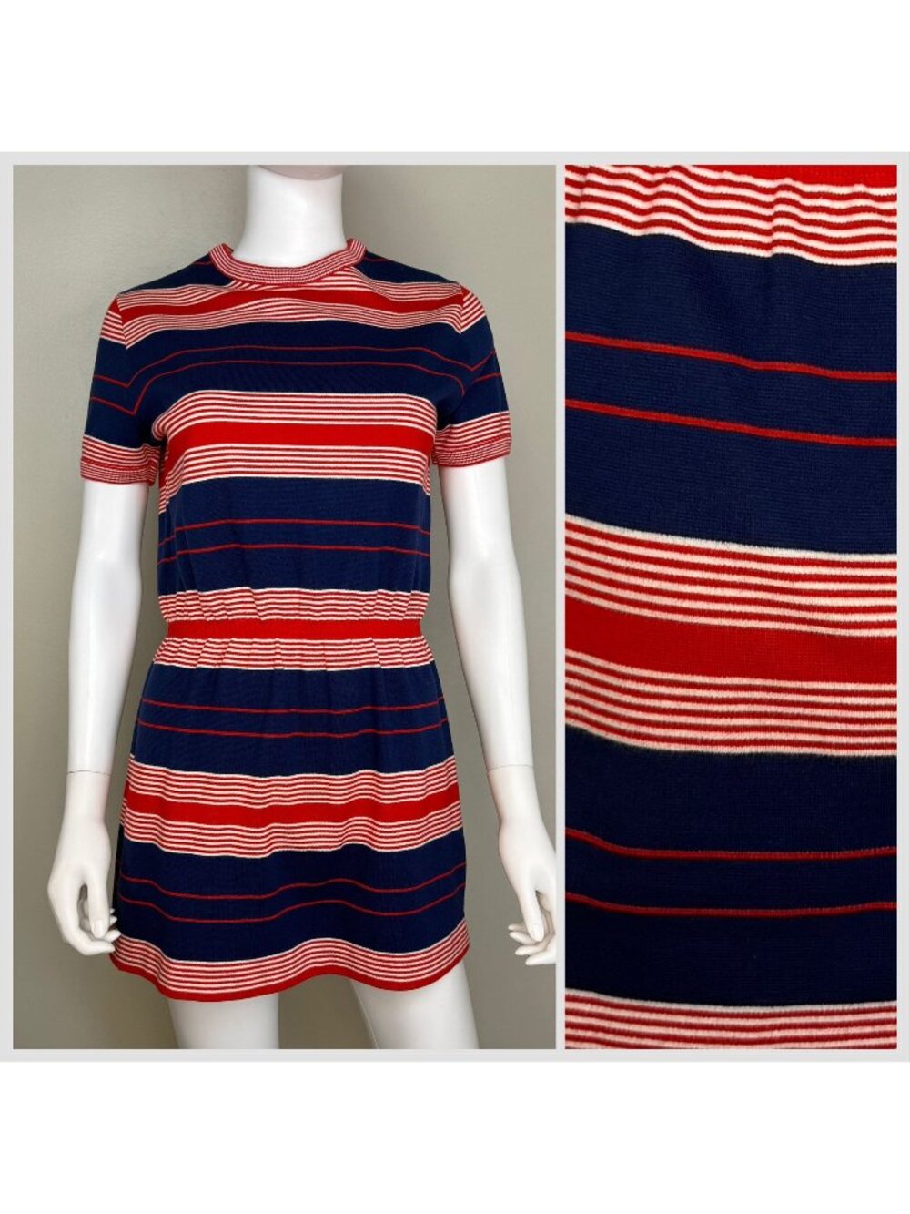 Vintage 1970s Red White and Blue Stripe Knit Micro Mini Dress, Aileen Size Small